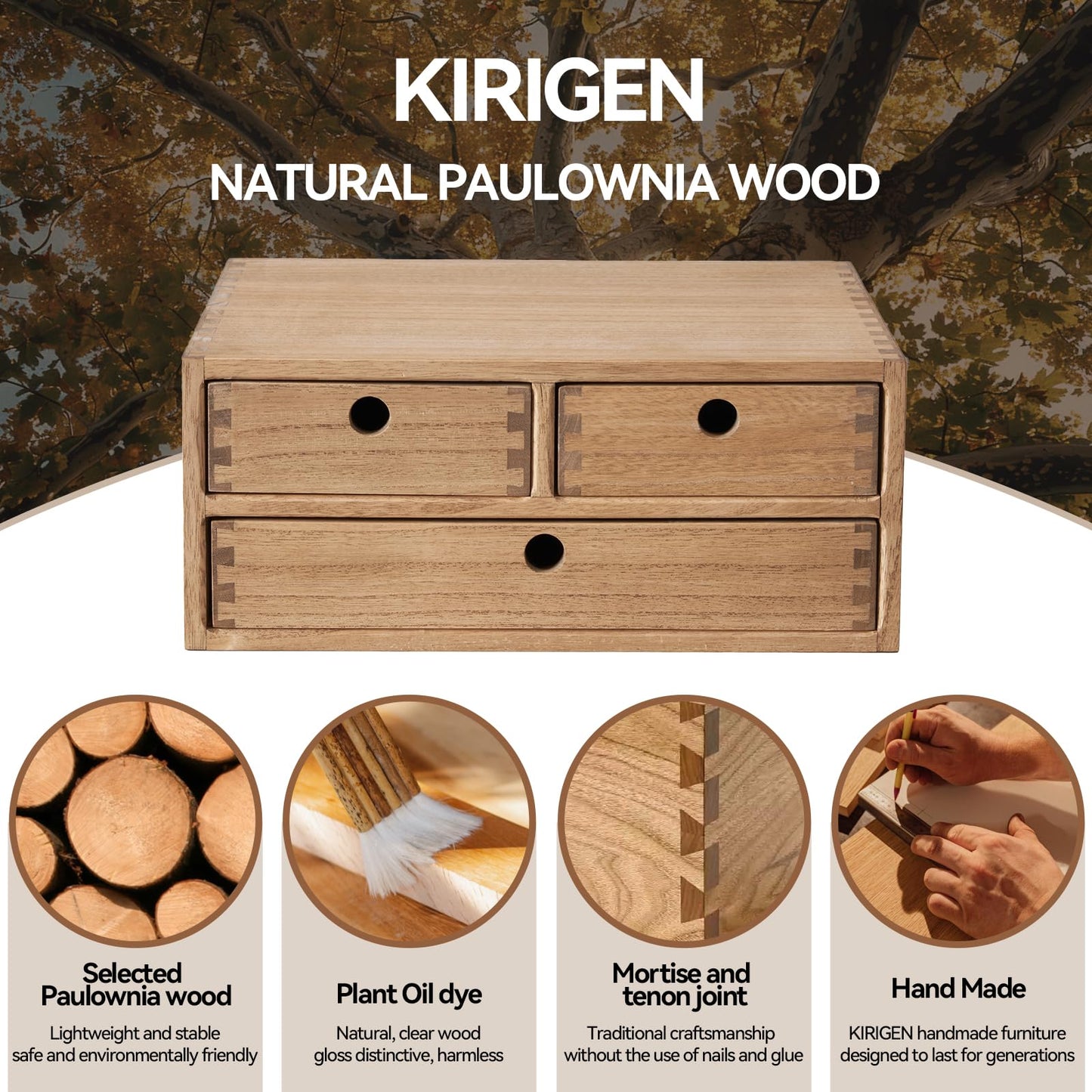 KIRIGEN Solid Wood Desktop Organizer with 3 Drawers - Multi-Layer Office Supplies Storage Rack for Documents, Stationery, Jewelry - Natural Wooden Desk Shelf Organizer Brown WJG23-DBR