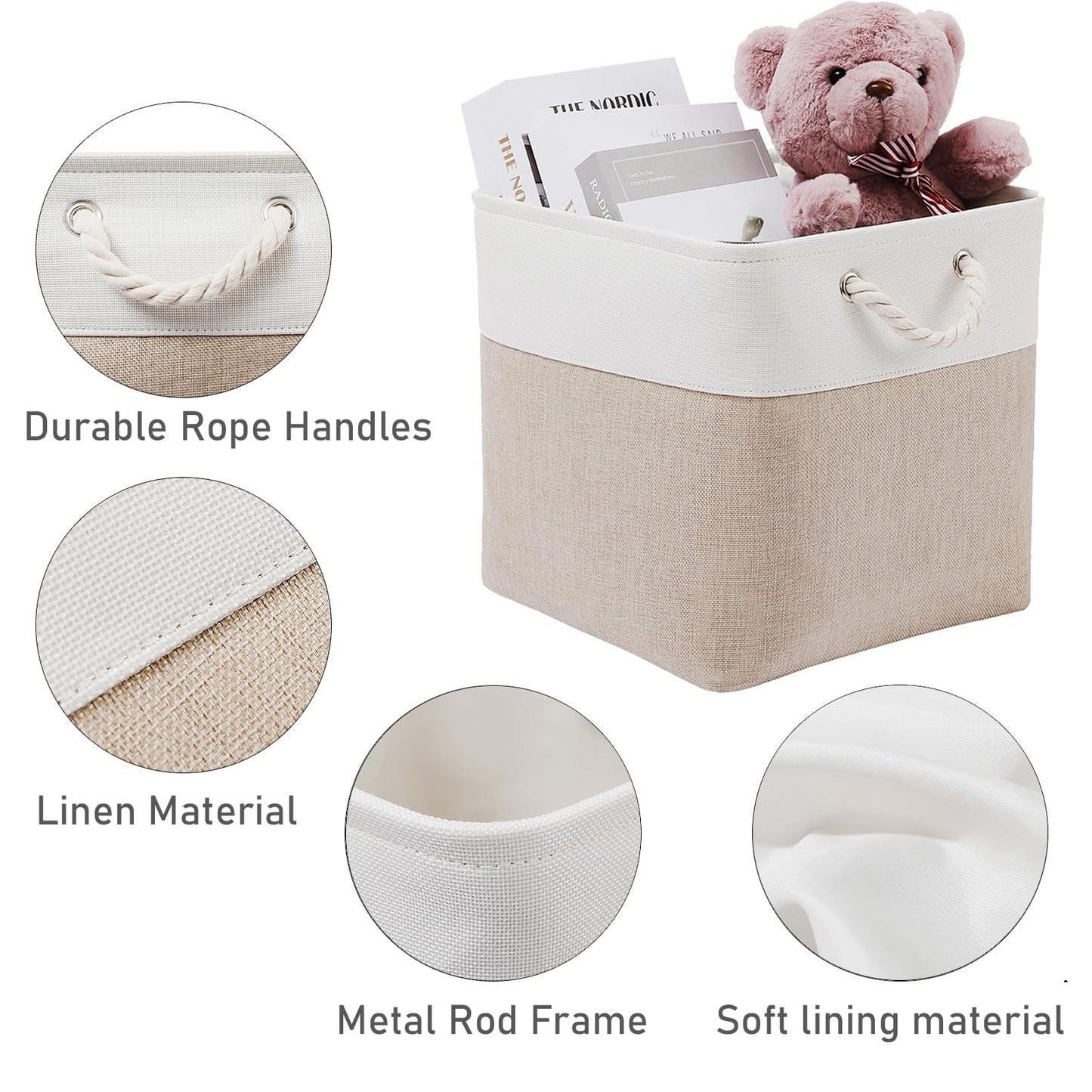 MidmmVick 13 x 13 Inch Cube Storage Bins, 6 Pack Extra Large Collapsible Fabric Storage Bin with Ropes, Foldable Storage Cubes for Home (White & Beige-13"x13"x13")