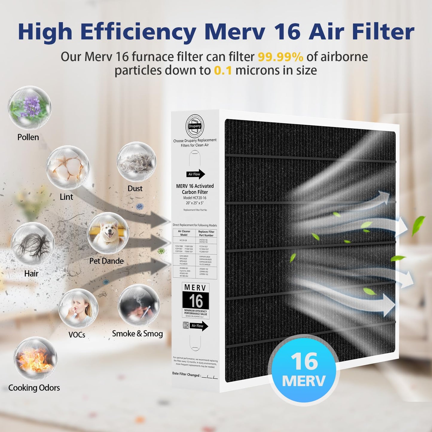1 Pack 20x25x5 MERV 16 Air Filter Compatible with Lennox HCC20-28 Healthy Climate Carbon Clean MERV 16 Furnace Filter for HVAC System, Part Number HCF20-16, HCF20-10