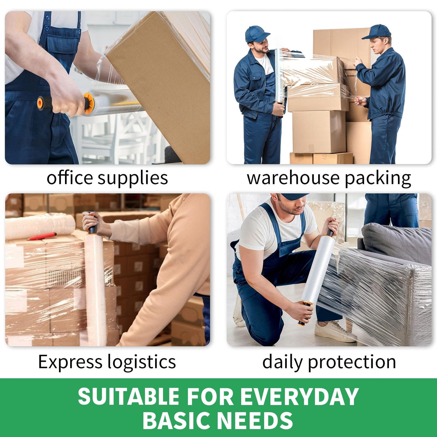 Stretch Film, HERKKA Stretch Wrap with Handles Industrial Strength, Moving Wrapping Plastic Roll, Shrink Wrap for Pallet Wrap, 15" x 1000 Feet, 4 Pack, 60 Gauge
