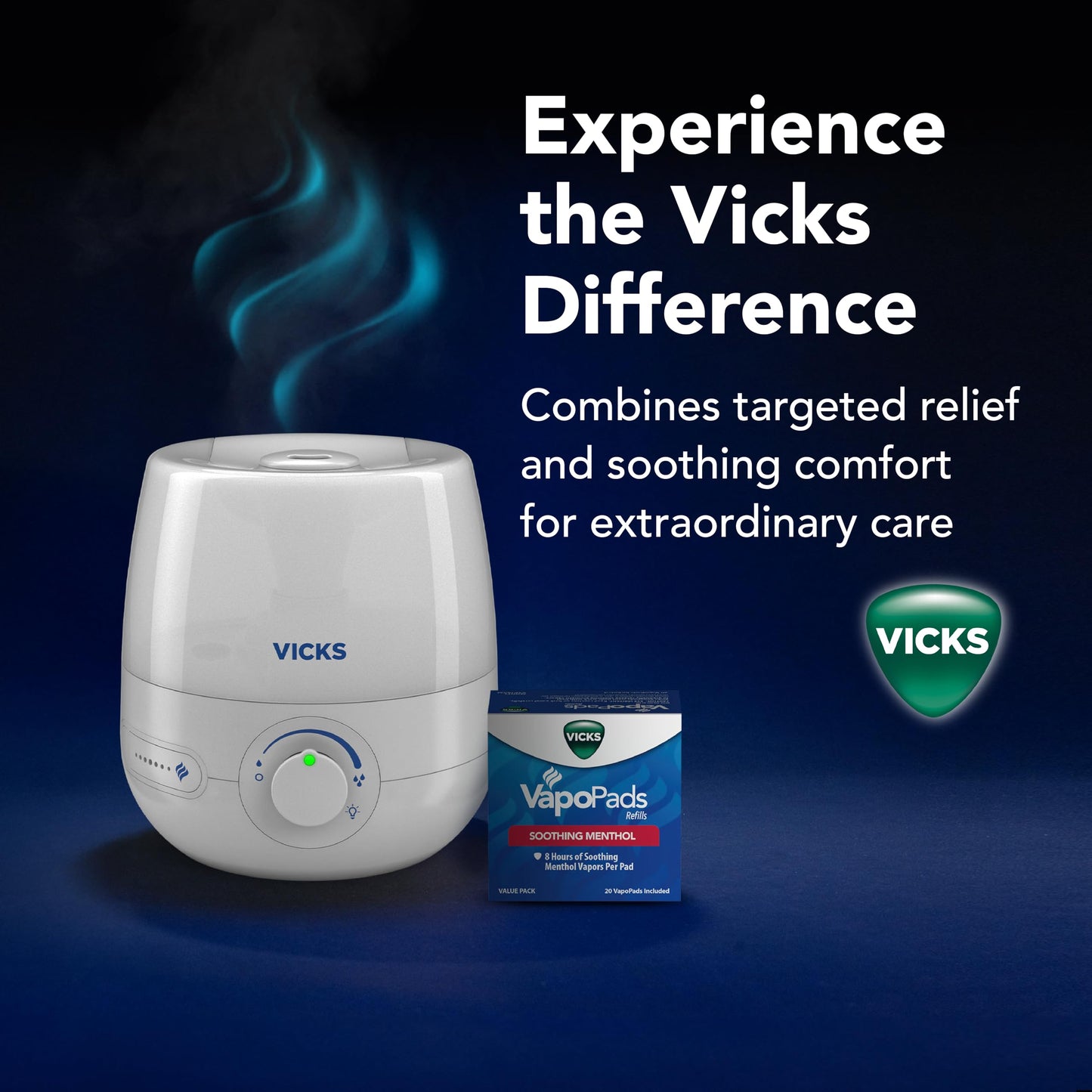 Vicks NaturalCare Cool Mist Ultrasonic Humidifier, Small Room Humidifier for Bedroom, Diffuser with Nighttime Light, Works with Vicks VapoPads, White