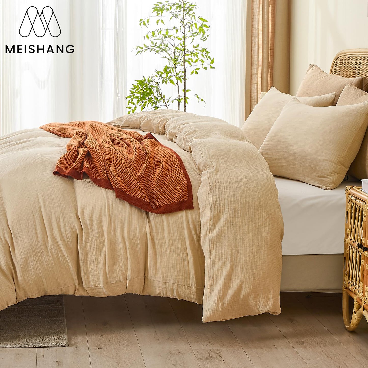 MEISHANG Muslin Duvet Cover Queen Size - 100% Organic Cotton, Soft Textured Gauze Weave Duvet Cover for Breathable All-Season Oeko-Tex Certified - 3 Piece Set (Queen, Linen)