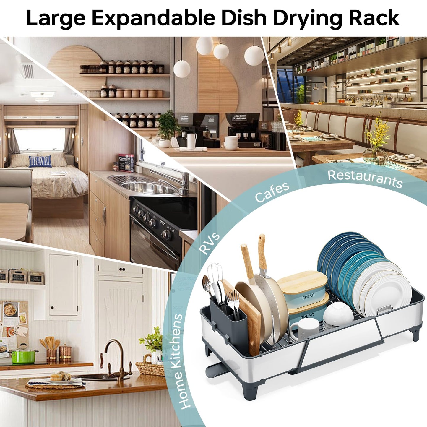 Urackify Large Dish Drying Rack - Triple Expandable Dish Rack for Kitchen Counter, Stainless Steel Sink Organization and Storage Essentials with Utensil & Pans Holder for Home and Appartment, Gray