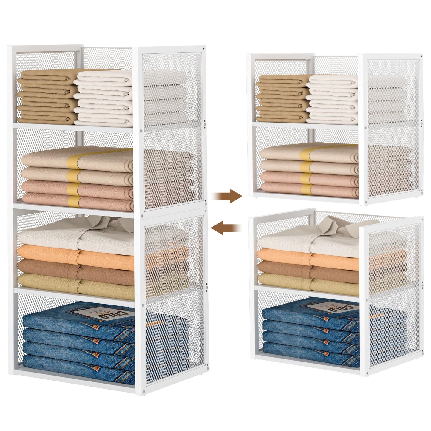 4-Tier Stackable Closet Organizers and Storage Basket, Wire Clothes Shelf Organizer Bins, Sweater Storage for Wardrobe Cupboard, Multifunctional Cube Storage Box for Kitchen Bath Laundry Room, White