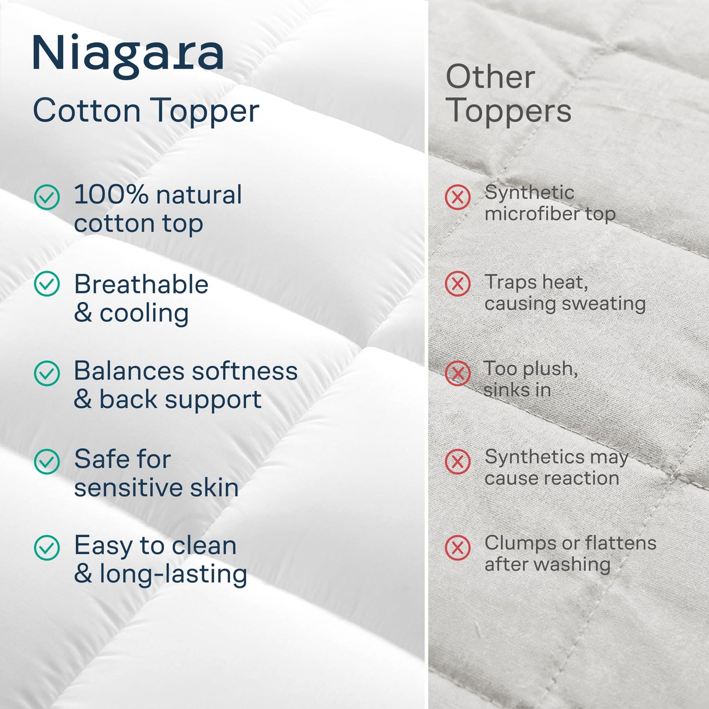 Niagara Sleep Solution Cloud-Like Full Size Mattress Topper - 100% Cotton Top Mattress Pad for Back Pain Relief - Breathable & Naturally Cooling for Hot Sleepers, White