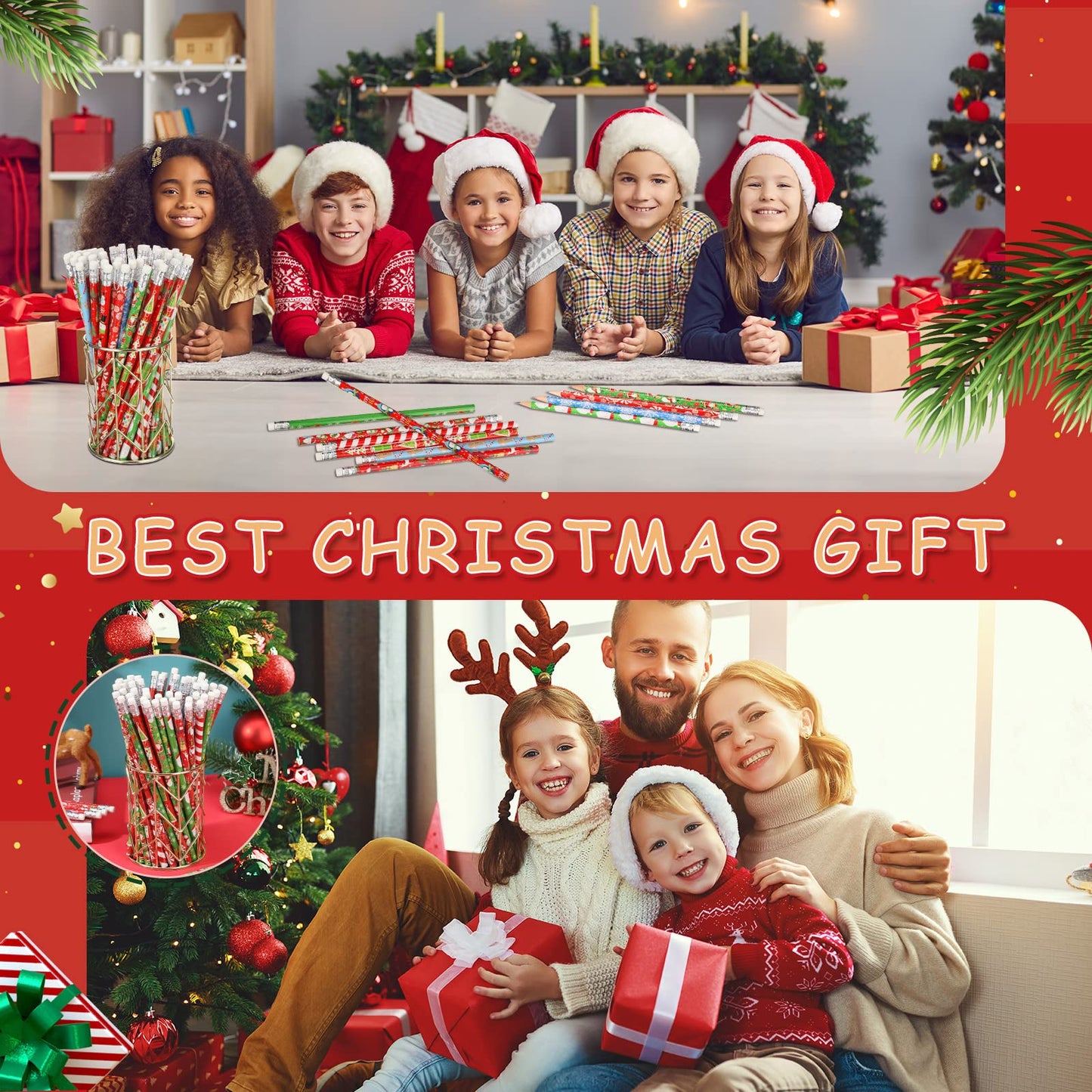 Yexiya 360 Pcs Christmas Pencils with Eraser Xmas Wood Pencils Snowman Santa Claus Christmas Tree Snowflakes Candy Assortment Xmas Stationery Pencil Office Party Favors