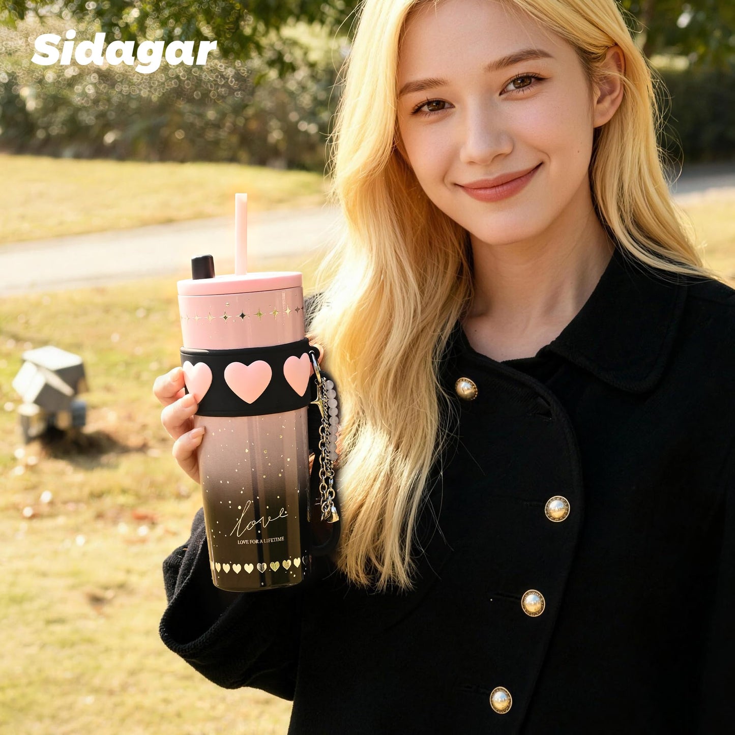 Sidagar 24 oz Stainless Steel Tumbler with Lid and Straw, Insulated Coffee Mug, Leak Proof, Portable Iced Travel Water Bottle, Reusable Thermal Coffee Cup Gift for Women, Pink