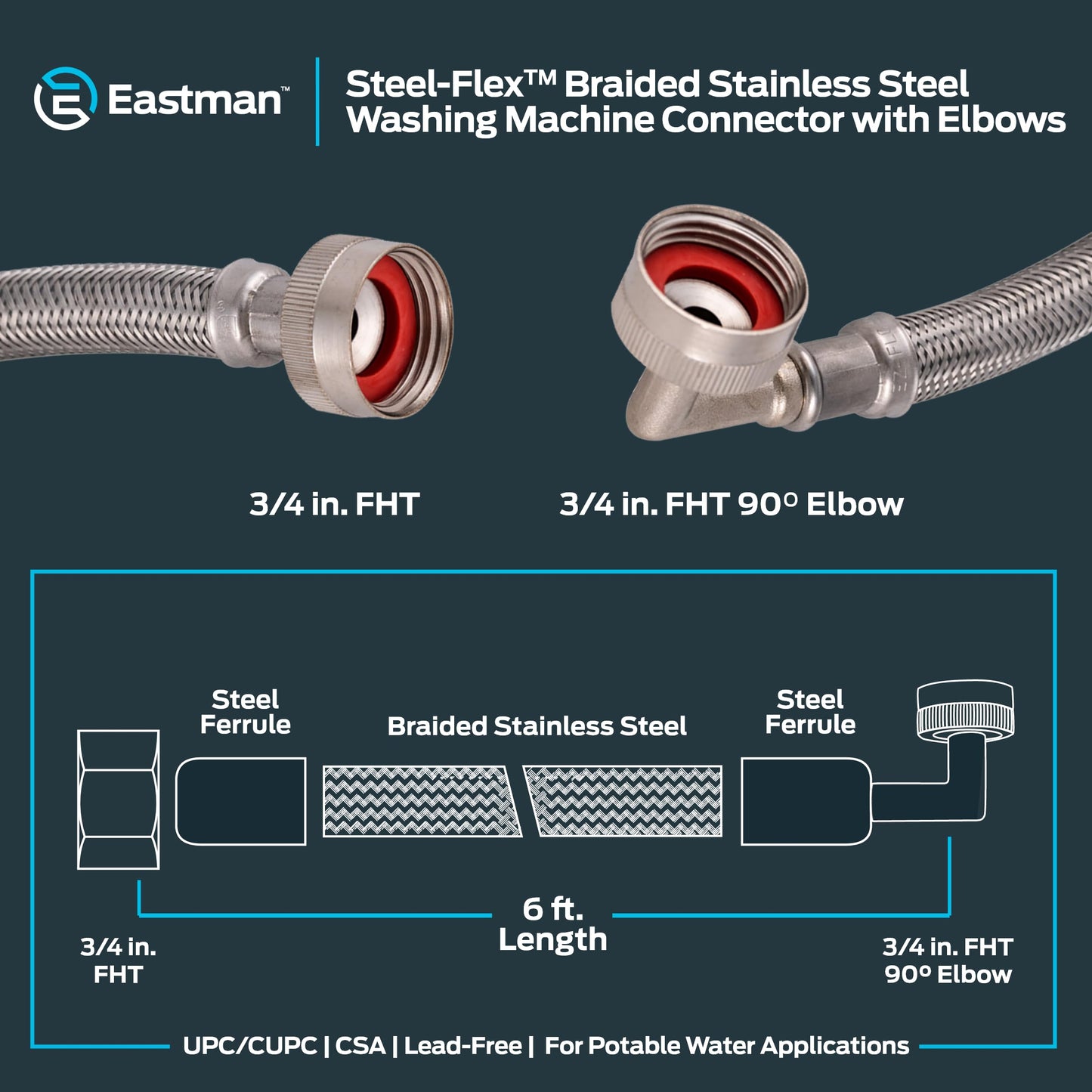 Eastman 6 ft Washing Machine Hose Connectors with Elbows, Pack of 2, 3/4 in FHT x 3/4 in FHT, Braided Stainless Steel, 41066