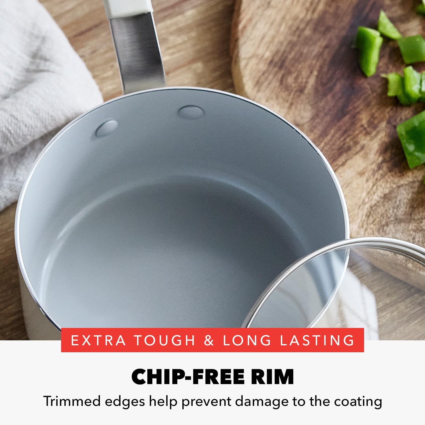GreenPan x Bobby Flay 2.5QT Nonstick Saucepan with Glass Lid, PFAS-Free Diamond Ceramic, Induction Suitable, Stay-Cool Silicone Handle, Easy Clean Dishwasher & Oven Safe, Chef Pan, Cream