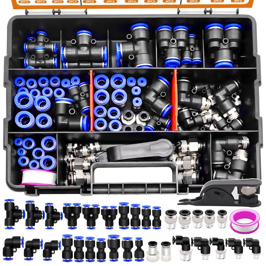 mankk 107PCS Quick Connect Air Hose Fittings Kit 32 Sizes 1/8" 1/4" 5/16” 3/8" 1/2",4/6/8/10mm Push to Connect Fittings Air Line Fittings Quick Release Pneumatic Kit