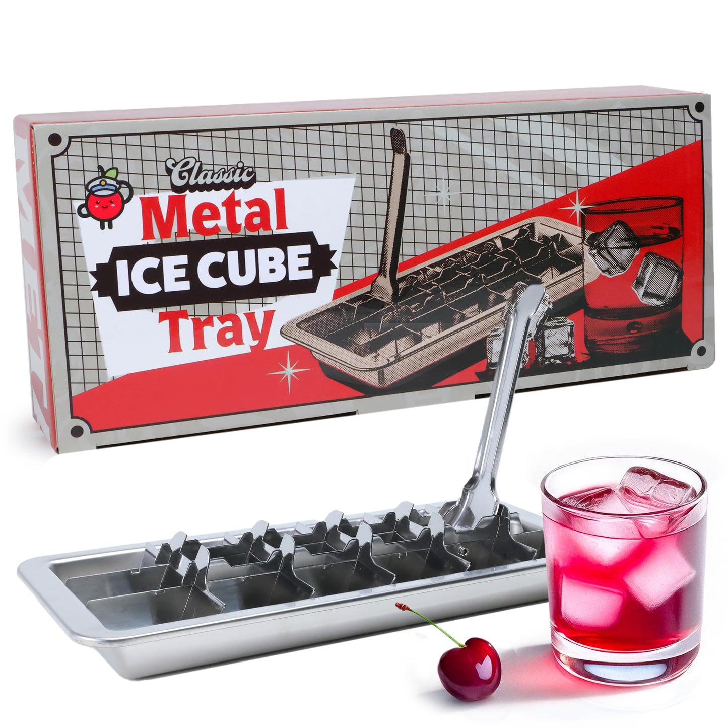 Captain Cranberry Stainless Steel Ice Cube Tray with lever (11", 18 cubes), Classic Metal Ice Cube Trays for Freezer, Vintage & Retro, Non Toxic, Plastic Free, Dishwasher safe