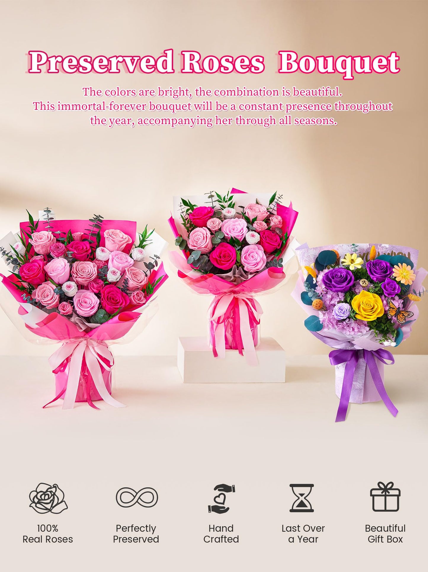 Beaulasting Roses Mothers Day Flowers for Delivery Prime Forever Flowers Mom Preserved Roses Bouquets Flower Birthday Gifts for Women Anniversary Graduation Gifts for Her, Purple