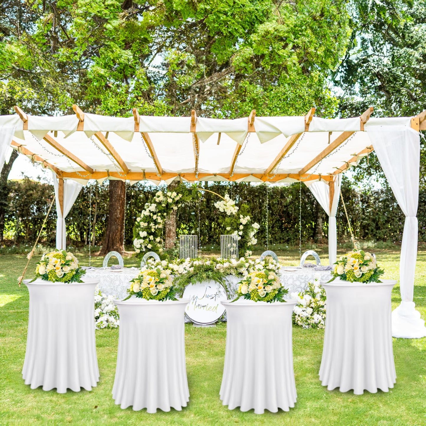 Bekith 4 Pack Round Spandex Stretch Cocktail Tablecloths with Natural Wavy, 32 x 43 Inch Cocktail Table Covers Round Table Skirt Fitted High Top Table Bar for Party Wedding Birthday Banquet (White)