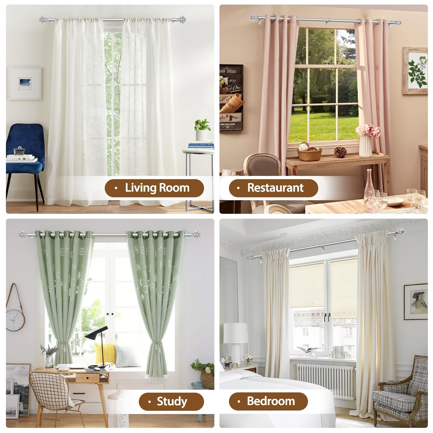2 Pack Curtain Rod 32 to 58 Inches (2.6-4.8ft), USFOOK 7/8 Inch Telescoping Splicing Curtain rods for Windows 20 to 54 Inch, Silver Decorative Drapery Rods for Home with Translucent Finials