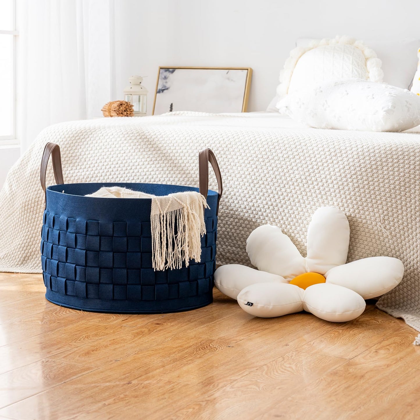 BOLDMONKEY Laundry Basket 20" x20 " x11.8 ",Extra Large Round Blanket Basket with Leather Handle, Felt Storage Basket for Living Room, Nursery, Dog Toys-Navy Blue