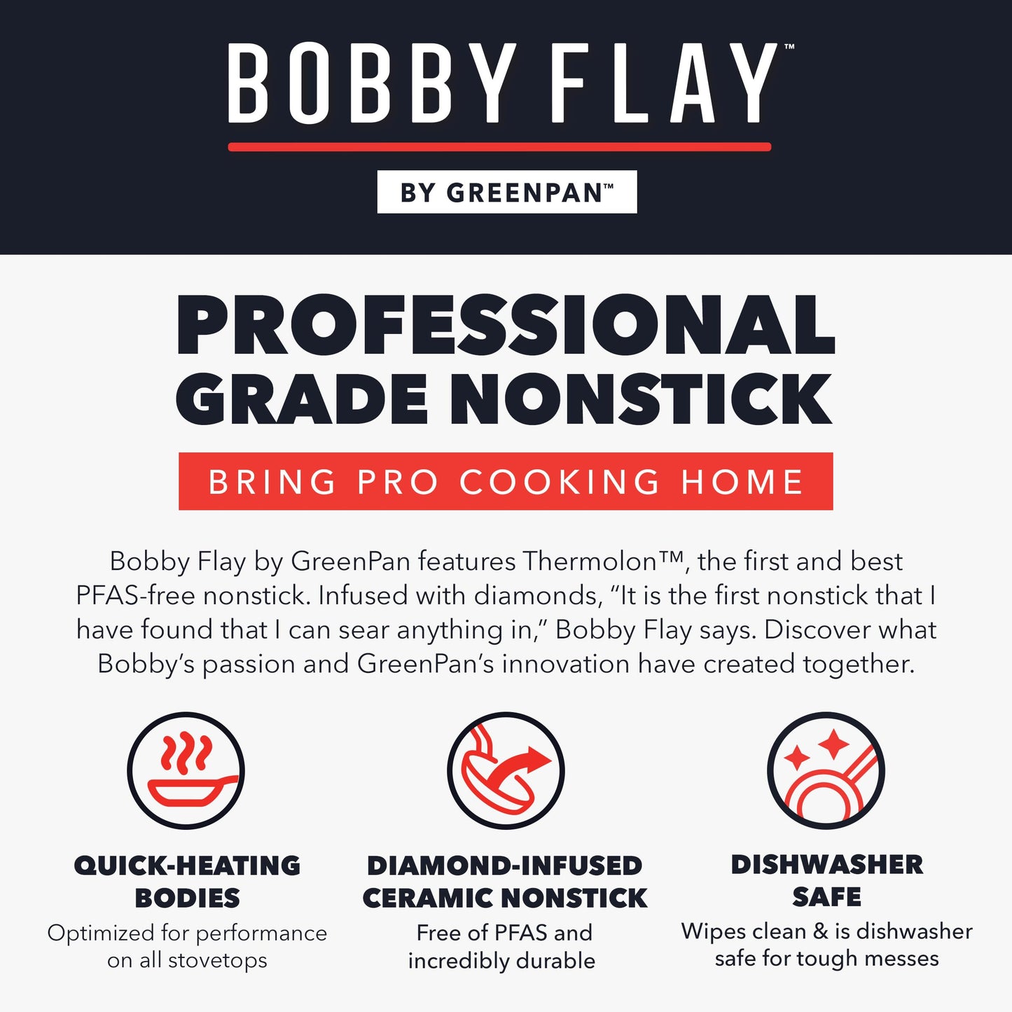 GreenPan x Bobby Flay 2.5QT Nonstick Saucepan with Glass Lid, PFAS-Free Diamond Ceramic, Induction Suitable, Stay-Cool Silicone Handle, Easy Clean Dishwasher & Oven Safe, Chef Pan, Oxford Blue