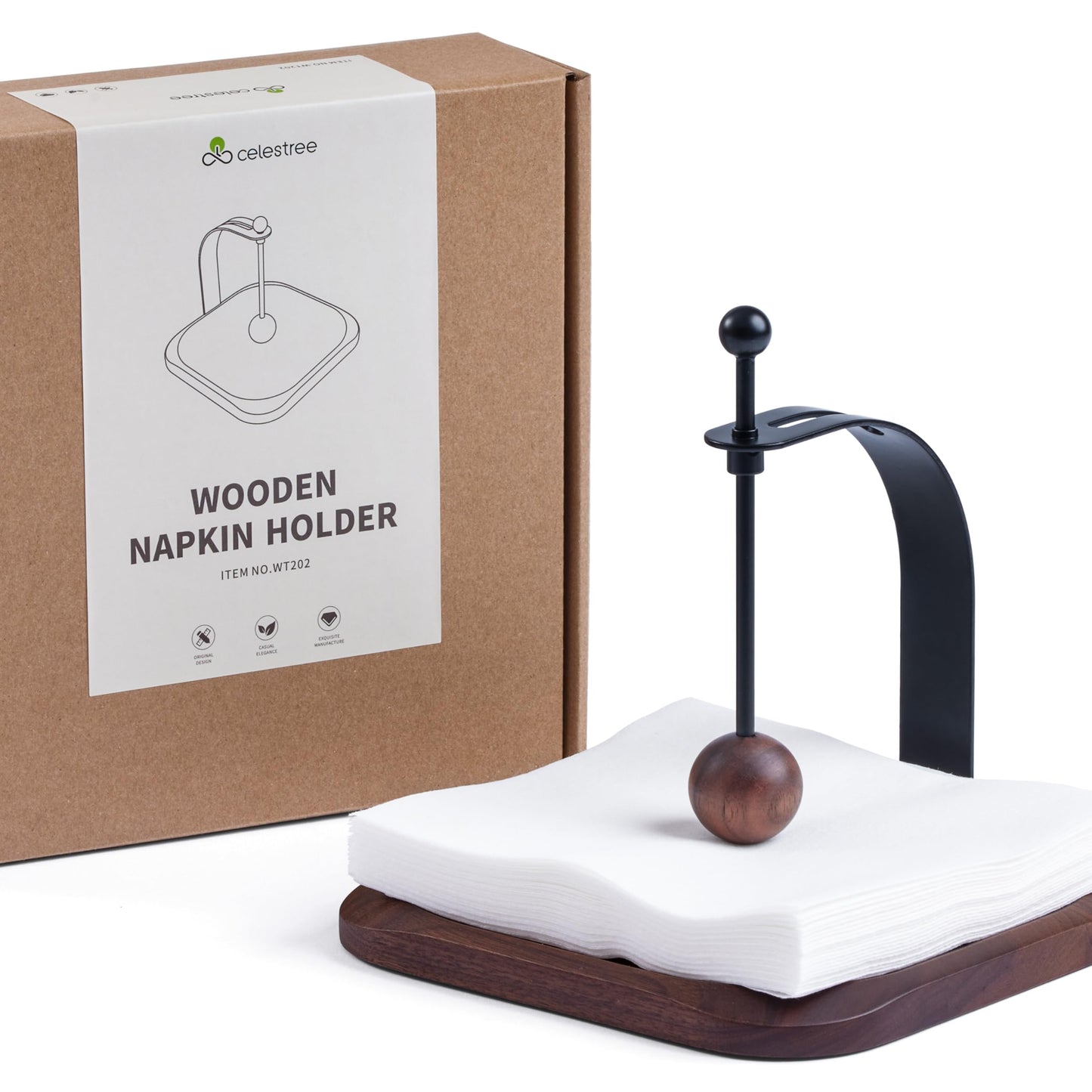 Celestree Black Walnut Wooden Napkin Holder for Table - Square Tabletop Windproof Cocktail Napkin with Metal Accents, Fits 5-7 Inch Napkins for Kitchen,Office,Restaurant, Hotel,Cafe, Bar,Outdoor