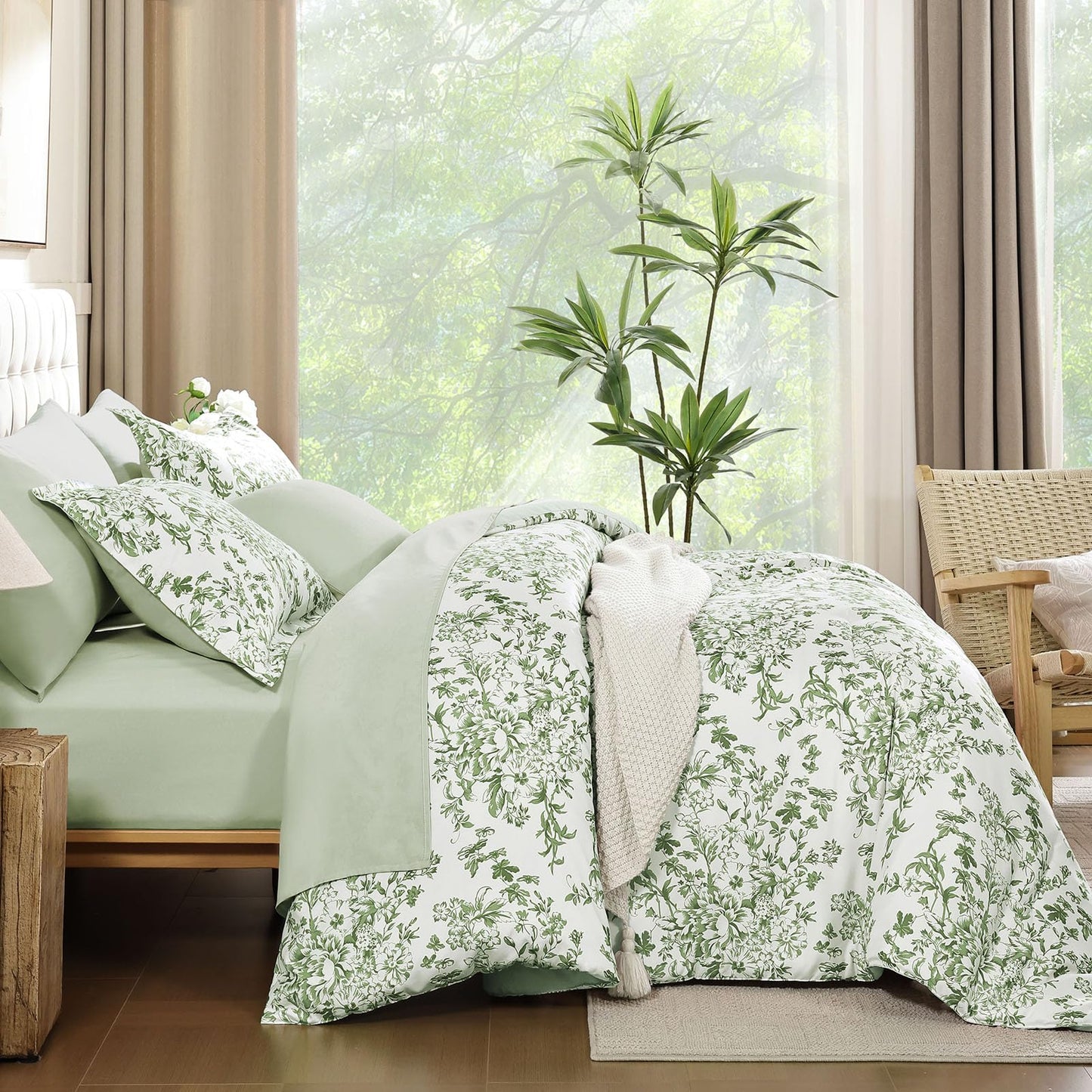 WONGS BEDDING 8 Pieces Queen Size Comforter Set Green, Sage Green Floral Bed in a Bag Comforter Sets, Soft Reversible Botanical Flowers Bedding Sets for All Season (90"x90")