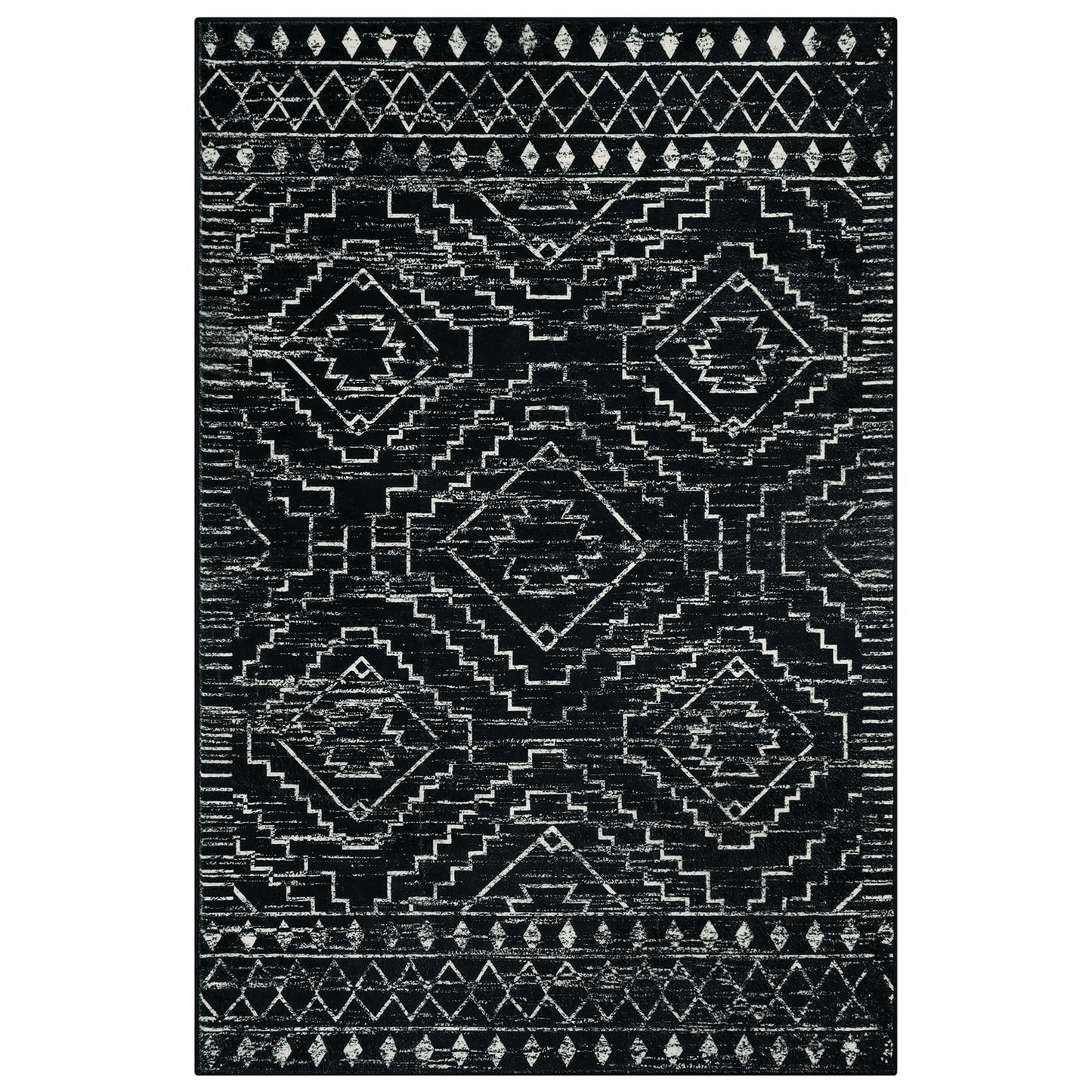 Wonnitar Moroccan Washable Rug 4x6, Black Boho Living Room Area Rug, Non-Slip Farmhouse Bedroom Carpet Dorm Room Throw Rug, Low Pile Soft Accent Mat for Kitchen Entry Office (Black,4'x6')