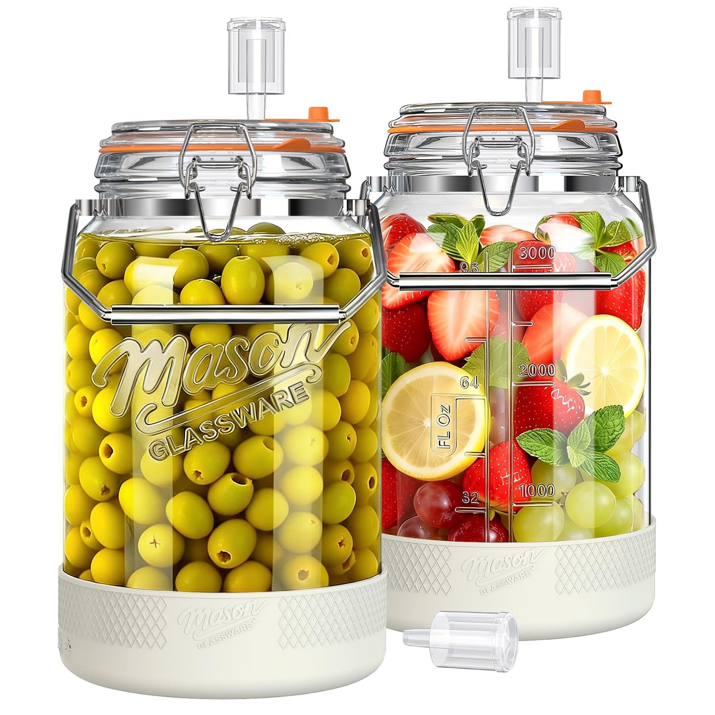 Upgrade 1 Gallon Fermentation Jars with Airlocks - Wide Mouth Glass Jars with Airtight Lid for Sauerkraut Mead Sourdough Starter Pickle, Fermenting Jar with Handle & Non-Slip Silicone Base, 2 Pack