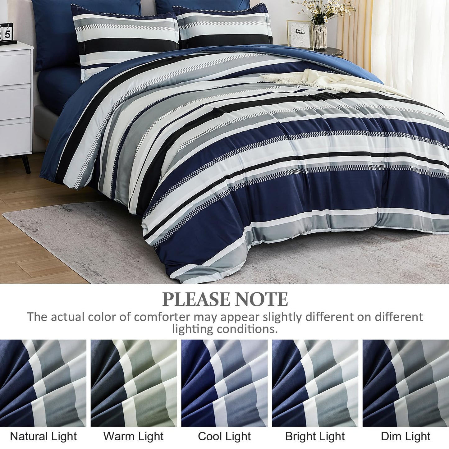 WONGS BEDDING Queen Comforter Set, 7 Pieces Navy Blue Comforter Set Queen Size, Soft Striped Bed in a Bag Bedding Set with Comforter, Flat Sheet, Fitted Sheet, Pillow Shams, Pillowcase