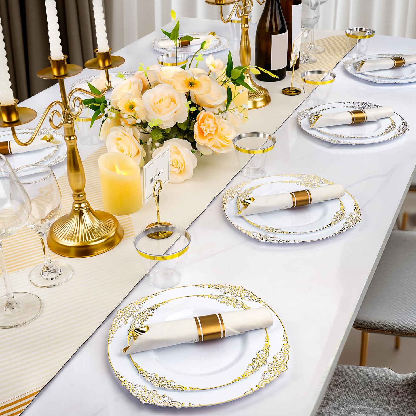 Realluck 350 PCS White and Gold Plastic Plates, Plastic Dinnerware Set for 50 Guests, 100 Disposable Plates, 150 Silverwares, 50 Cups, 50 Napkins for Party, Wedding, Graduation