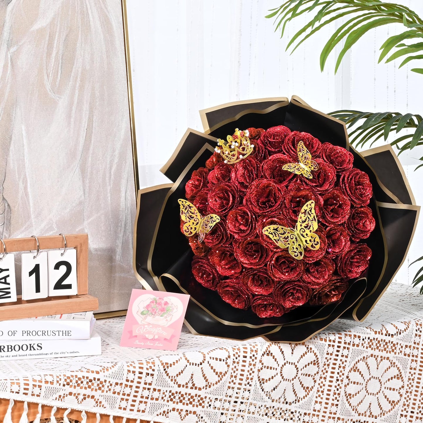 Waipfaru Glitter Roses Bouquet, DIY Fake Flowers Bouquet, Birthday Gifts for Women Mom, 24 Pcs Red Rose for Grandma Wife Girlfriend Valentines, Mothers Day, Anniversary, Graduation