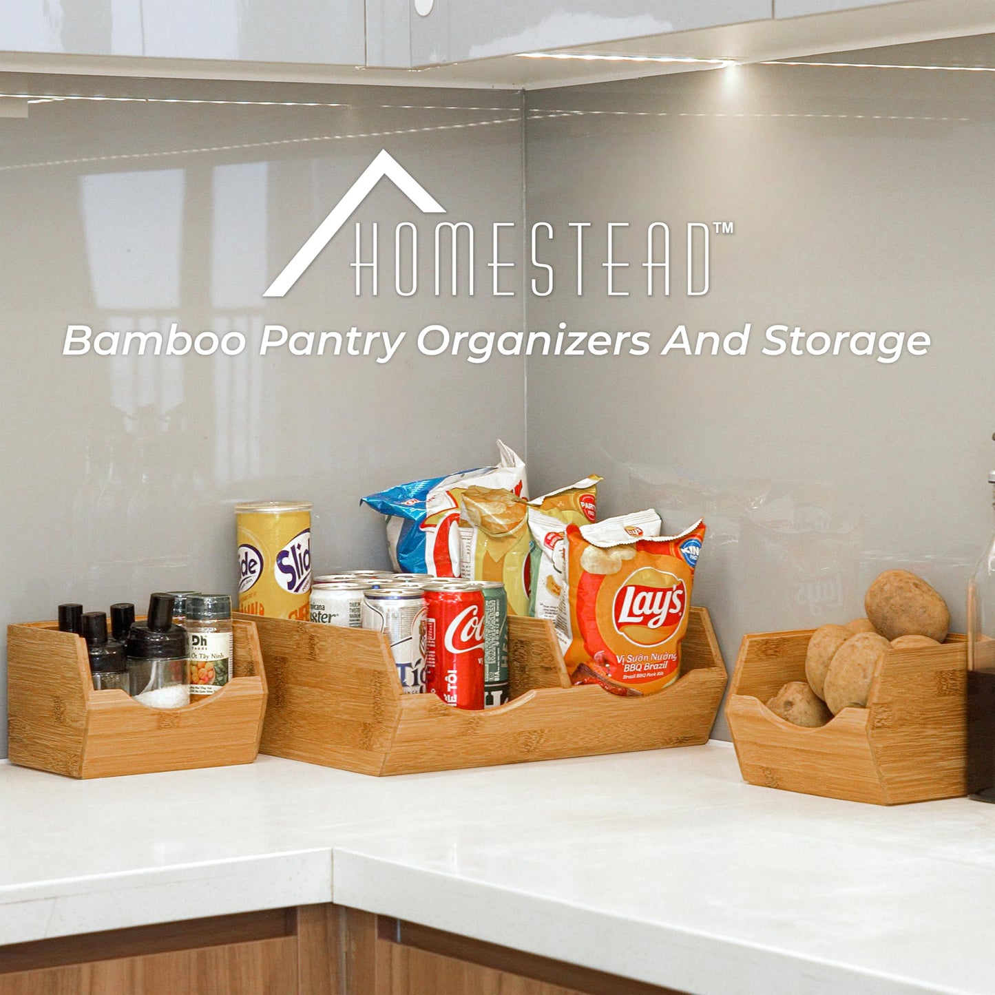 HOMESTEAD Bamboo Pantry Storage Bins – Potato & Onion Storage Bin for Pantry Organizers, Produce Organizer Set of 3 – Slide out Bin Access