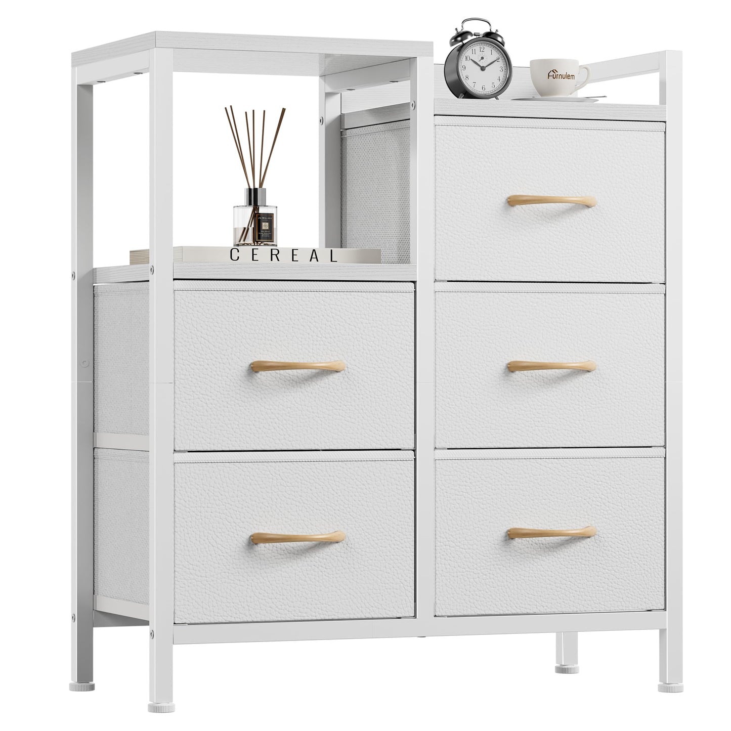 Furnulem 5 Drawer White Dressers for Bedroom 2 Tier Shelf Storage Small Fabric Dresser for Closet Sturdy Metal Frame Modern Style Storage Cabinets Organization Units for Hallway Rooms