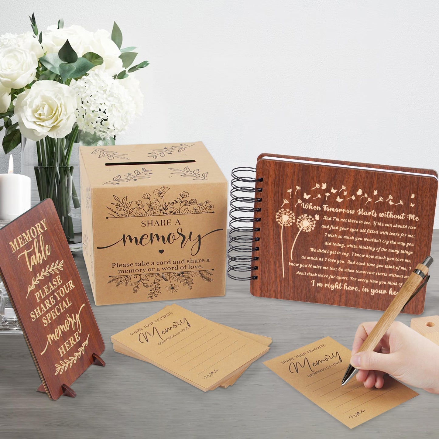 PREKIAR Funeral Guest Book for Celebration of Life, Wooden Guest Sign in Books for Memorial Service, Guestbook Set with 50pcs Share a Memory Cards Box Table Sign and Pen (Brown- Guest Book Set #3)