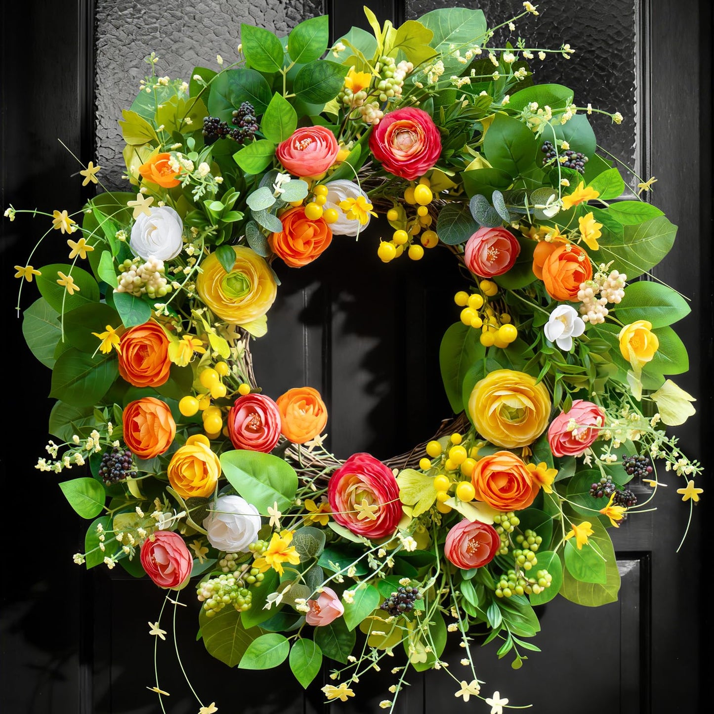 Spring Summer Wreaths for Front Door Outside 24 Inch, Summer Wreath Outdoor with Lotus and Berries, Green Floral Door Wreath for All Season Home Wall Wedding Farmhouse Holiday
