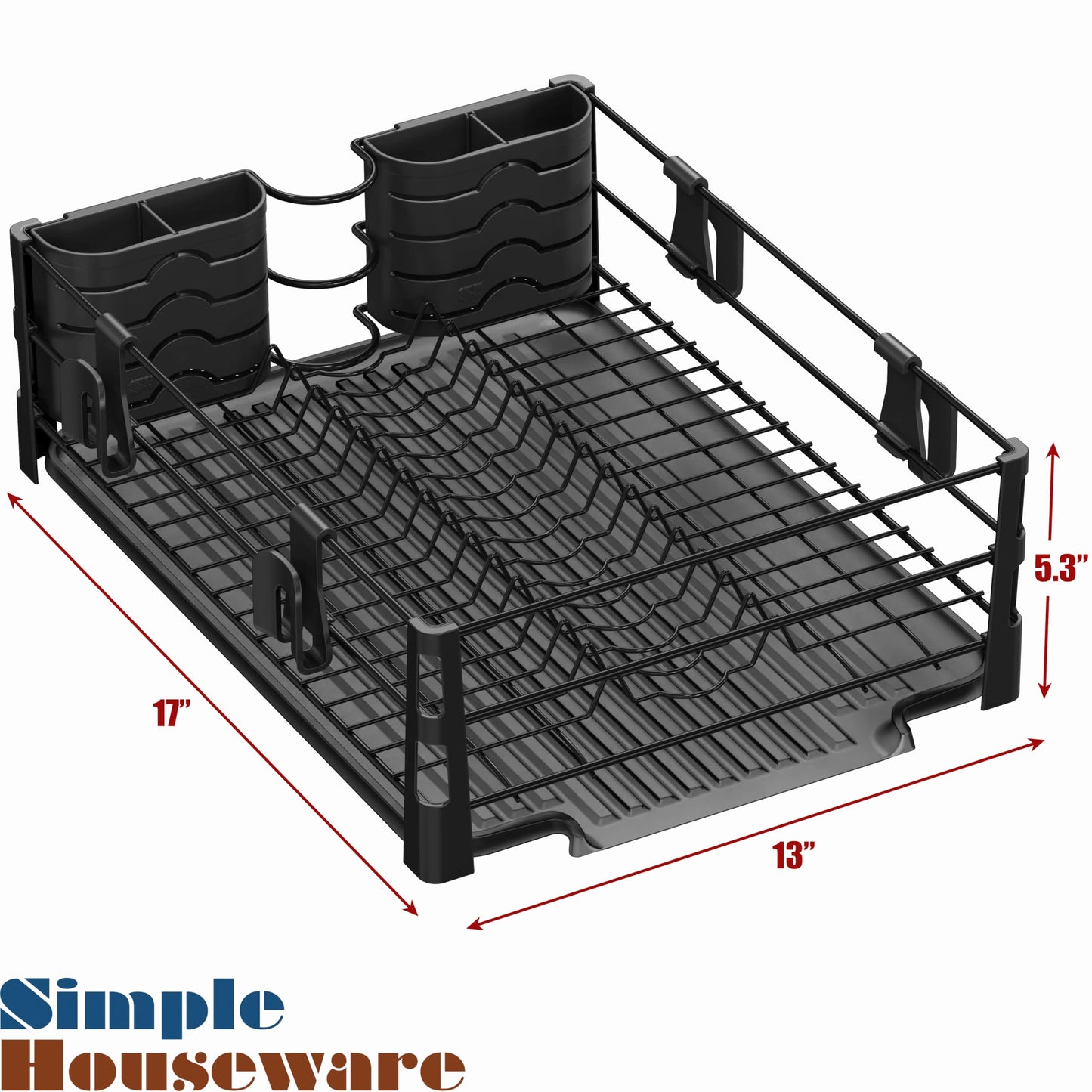 Simple Houseware Dish Drying Rack with Drainboard, Utensil Holder & Mug Hooks, Black Metal Kitchen Counter Organizer