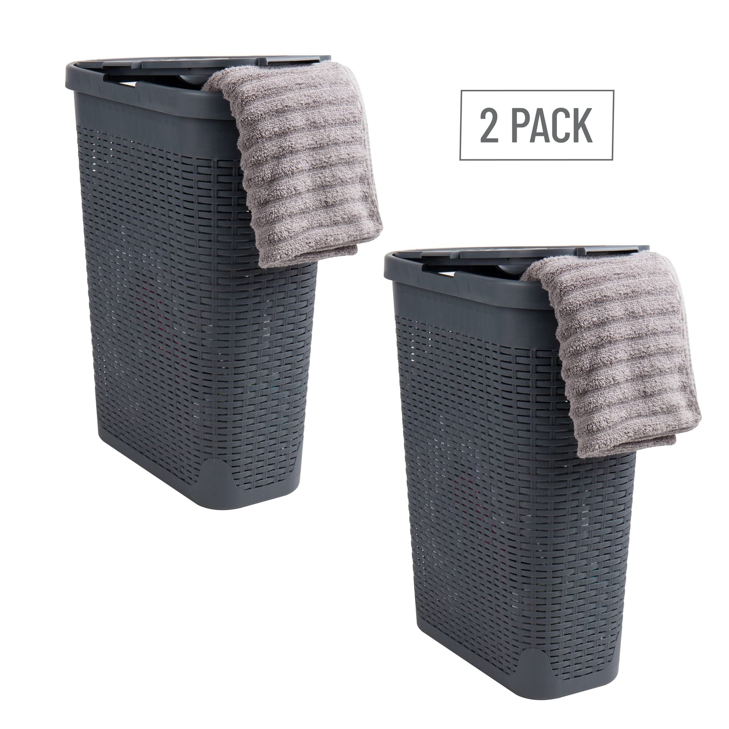 Mind Reader Slim Laundry Hamper with Lid, 40L Clothes Basket, Narrow Tapered Design with Ventilated Cutout Pattern, Plastic, Set of 2, Gray