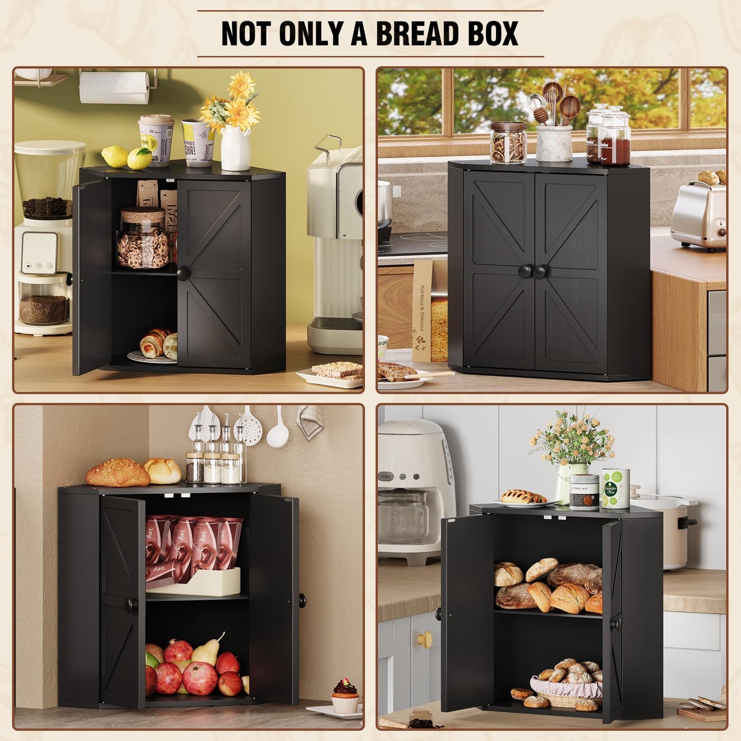 Trironsun Corner Bread Box for Kitchen Counter Double Layer Bamboo Bread Storage Container Large Capacity Bread Storage Bin Farmhouse Breadbox Organizer (Black)