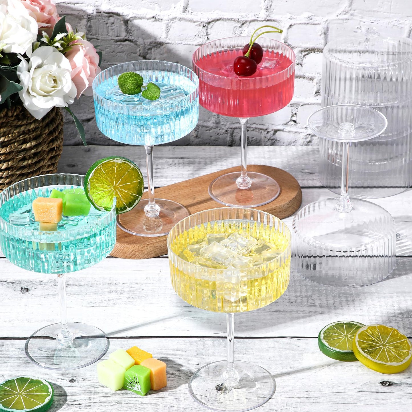 Jingmore 24 Pcs Ribbed Martini Glasses 10 oz Disposable Plastic Vintage Ribbed Coupe Glasses Unbreakable Dessert Parfait Glassware for Wedding Birthday Party Supplies (Clear)