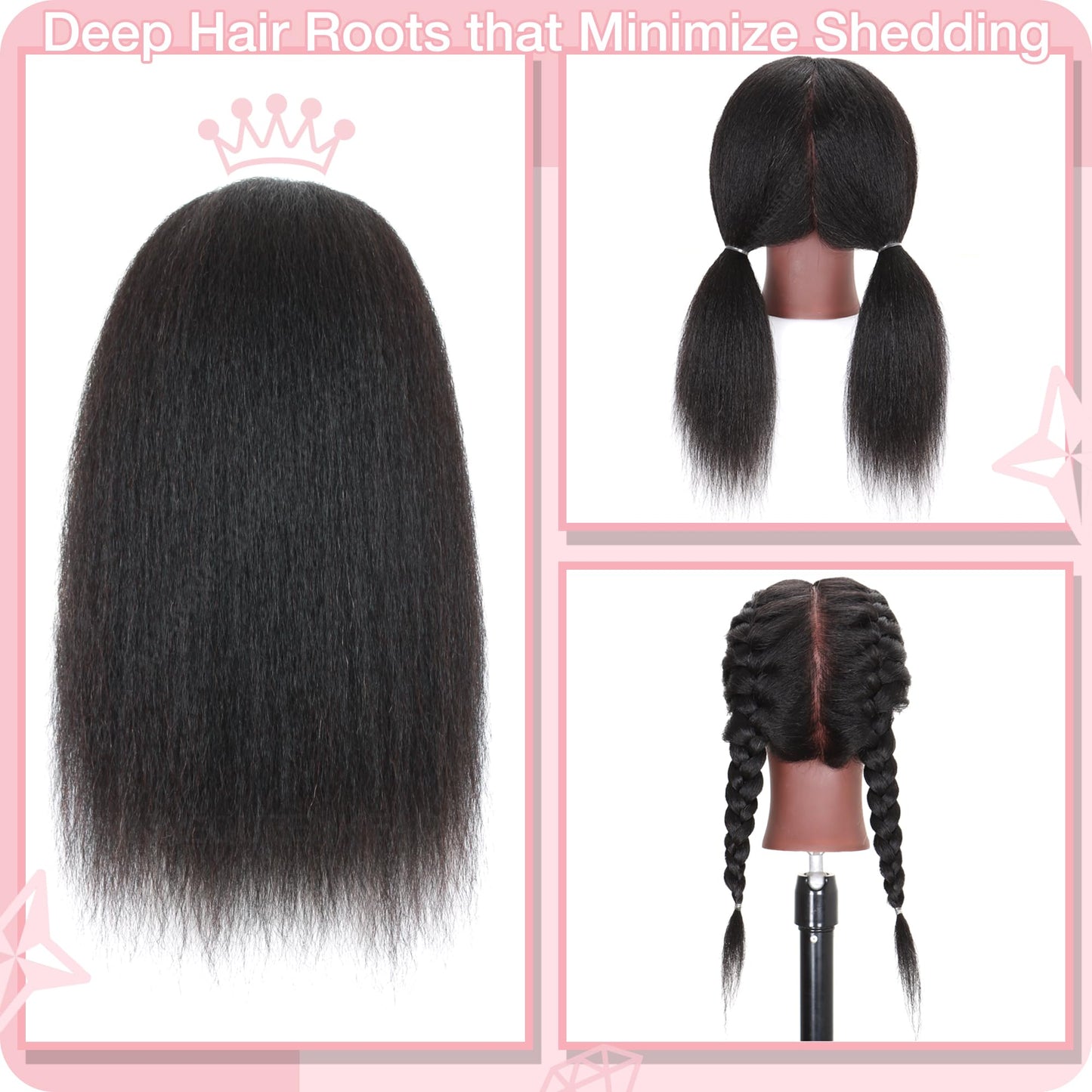 Mannequin Head with Human Hair 16'' Cosmetology Manikin Doll Head with 100% Real Human Hair for Braiding Hairdresser Practice Styling with Tripod Set