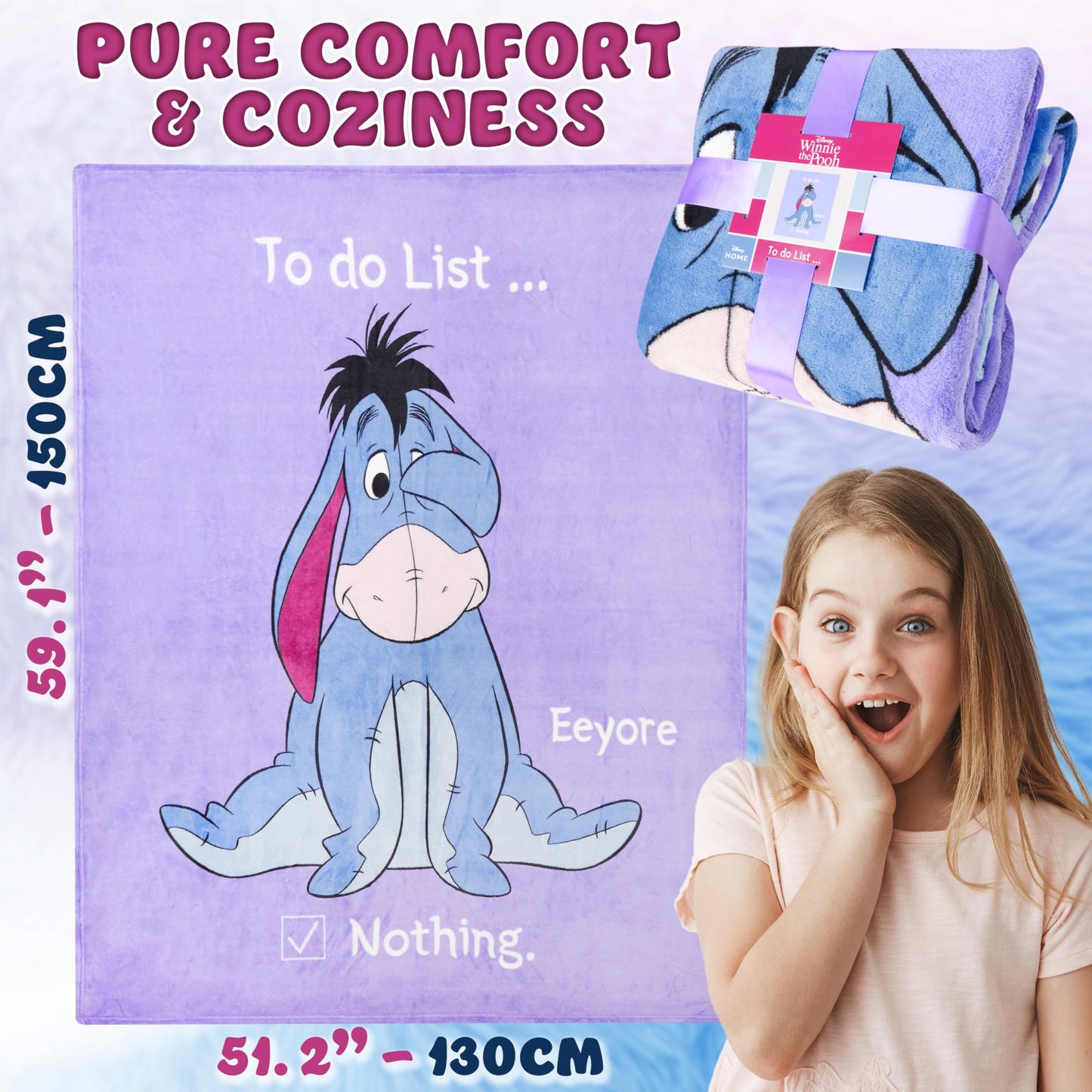 Disney Eeyore Throw Blanket Soft Fleece Blanket Bedroom Comforter 59 x 51” (Purple Eeyore)