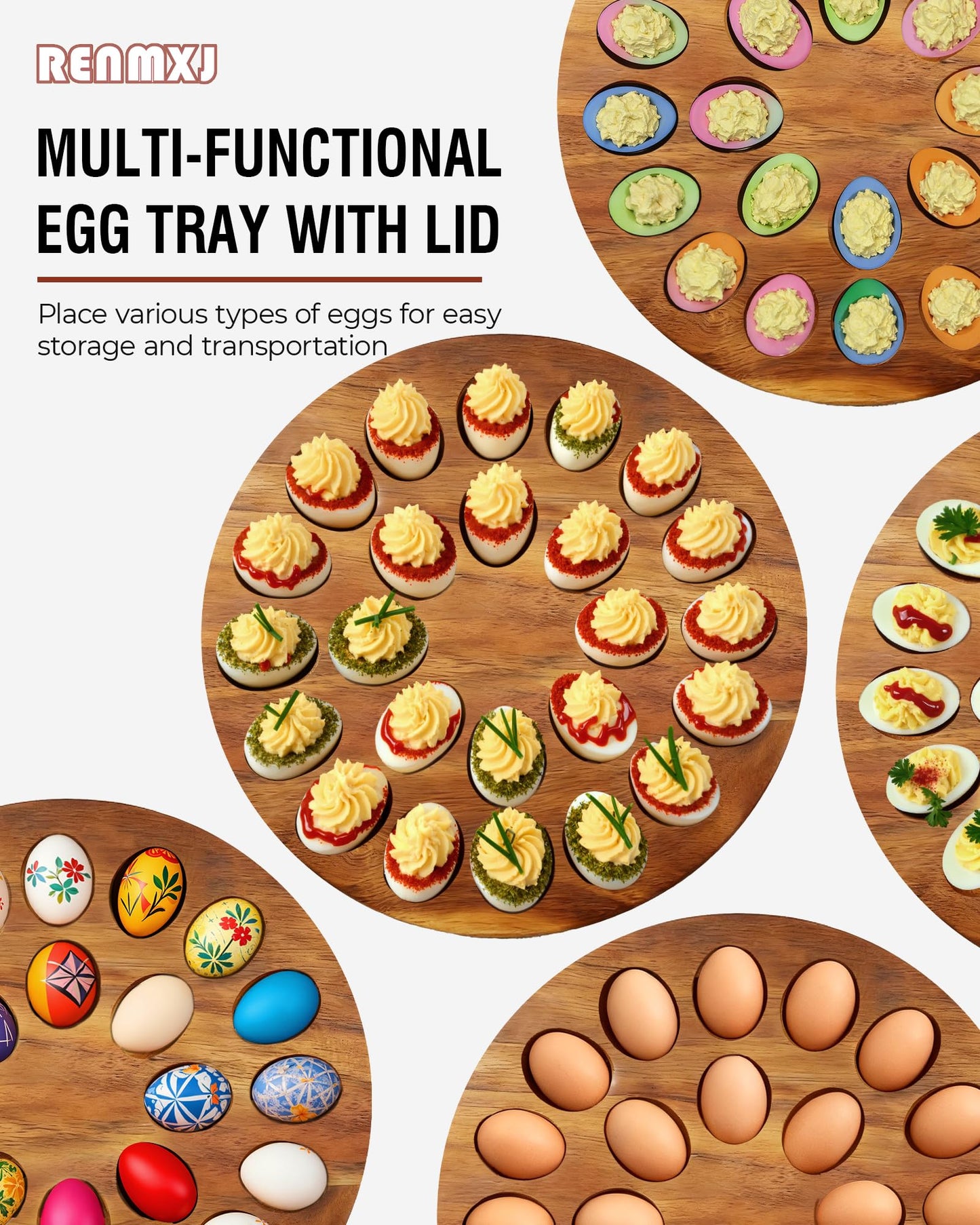 Renmxj Deviled Egg Containers with Lid (24 Eggs), 2026 Upgraded Acacia Wooden Deviled Egg Tray Platter for Party and Home Kitchen, The Lid is Dishwasher Safe (Black)
