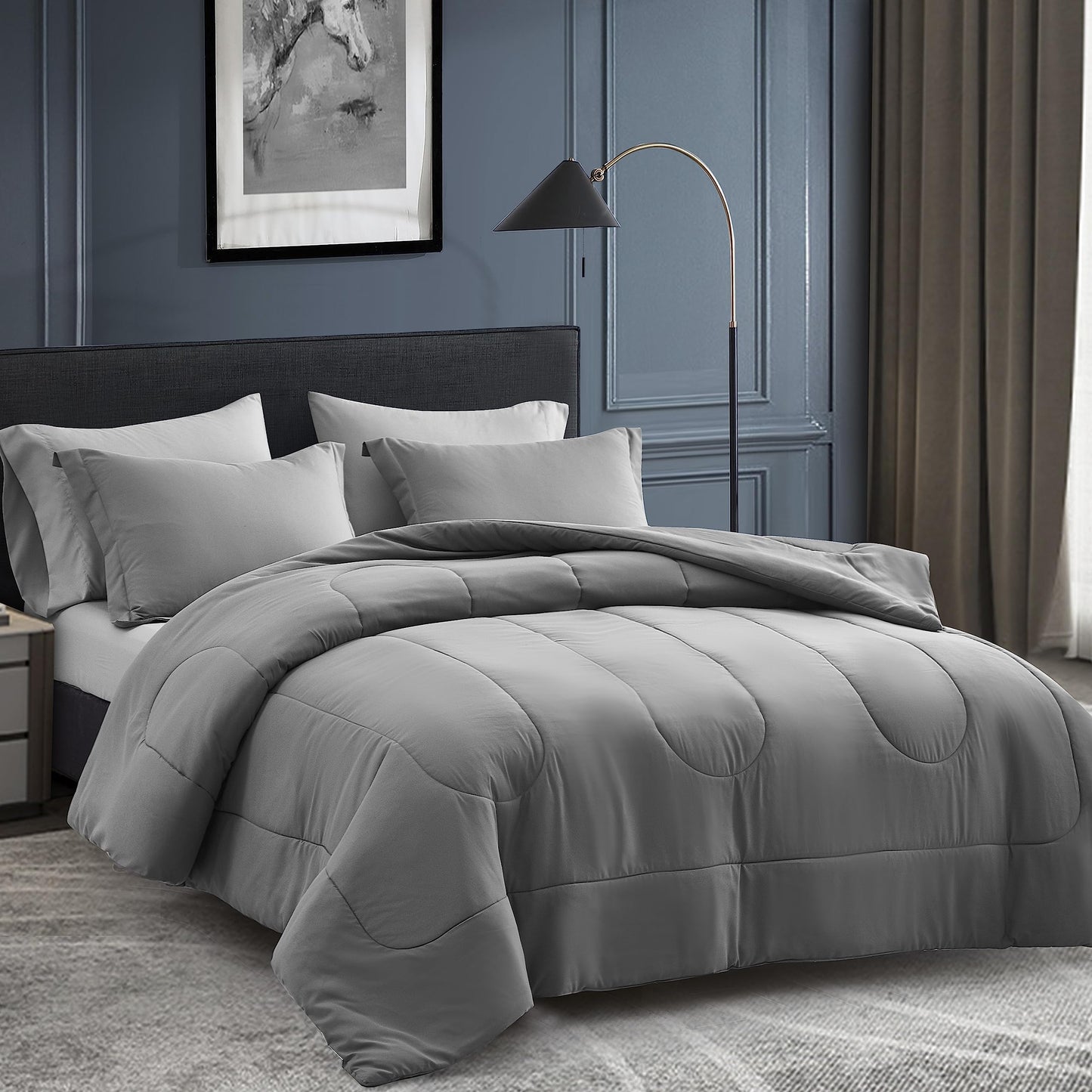 Maple&Stone Queen Size Comforter Set 7 Pieces Bed in a Bag - Down Alternative Bed Set with Sheets, Pillowcases & Shams, Soft Reversible Duvet Insert for Queen Bed, Dark Grey & Light Grey