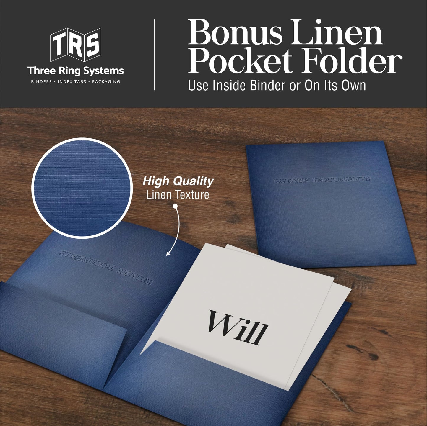 TRS Estate Planning Binder Kit – Pre-Labeled Tabs, Sheet Protectors | 1.5" D-Ring Stitched Faux Leather Organizer for Wills, Trusts, Power of Attorney & End-of-Life Planning | Silver on Navy