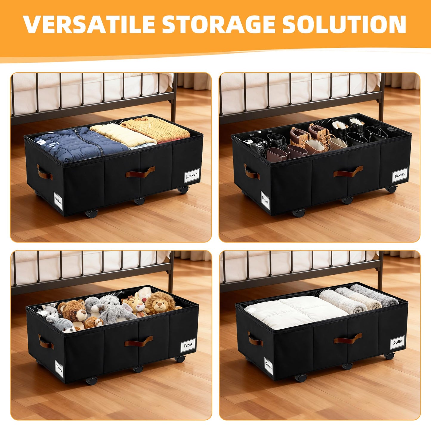 VatFott Under Bed Storage with Wheels,Underbed Storage with Sturdy Sidewalls/Bottom, Clear Cover, Label and PU Handle, Rolling Under Bed Drawers for Clothes, Shoes, 11 Inch Height,Black, 2 Pack