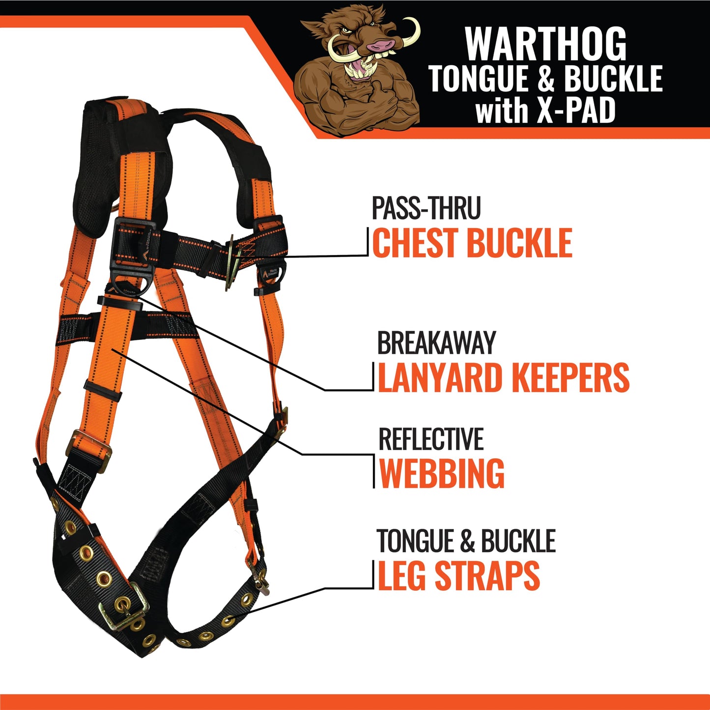 Malta Dynamics Warthog Safety Harness Fall Protection with Tongue Buckle Legs & X-Pad, Full Body Harness for Safety and Protection, Construction and Roofing Harness - OSHA/ANSI Compliant (S-M)