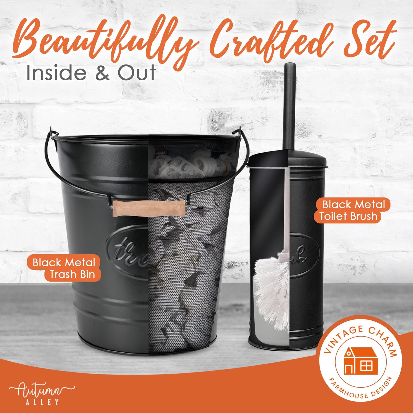 Autumn Alley Farmhouse Bathroom Trash Can and Toilet Brush Set - Rustic Bathroom Accessories for Charming Bathroom Décor, Matte Black Heavy Gauge Metal