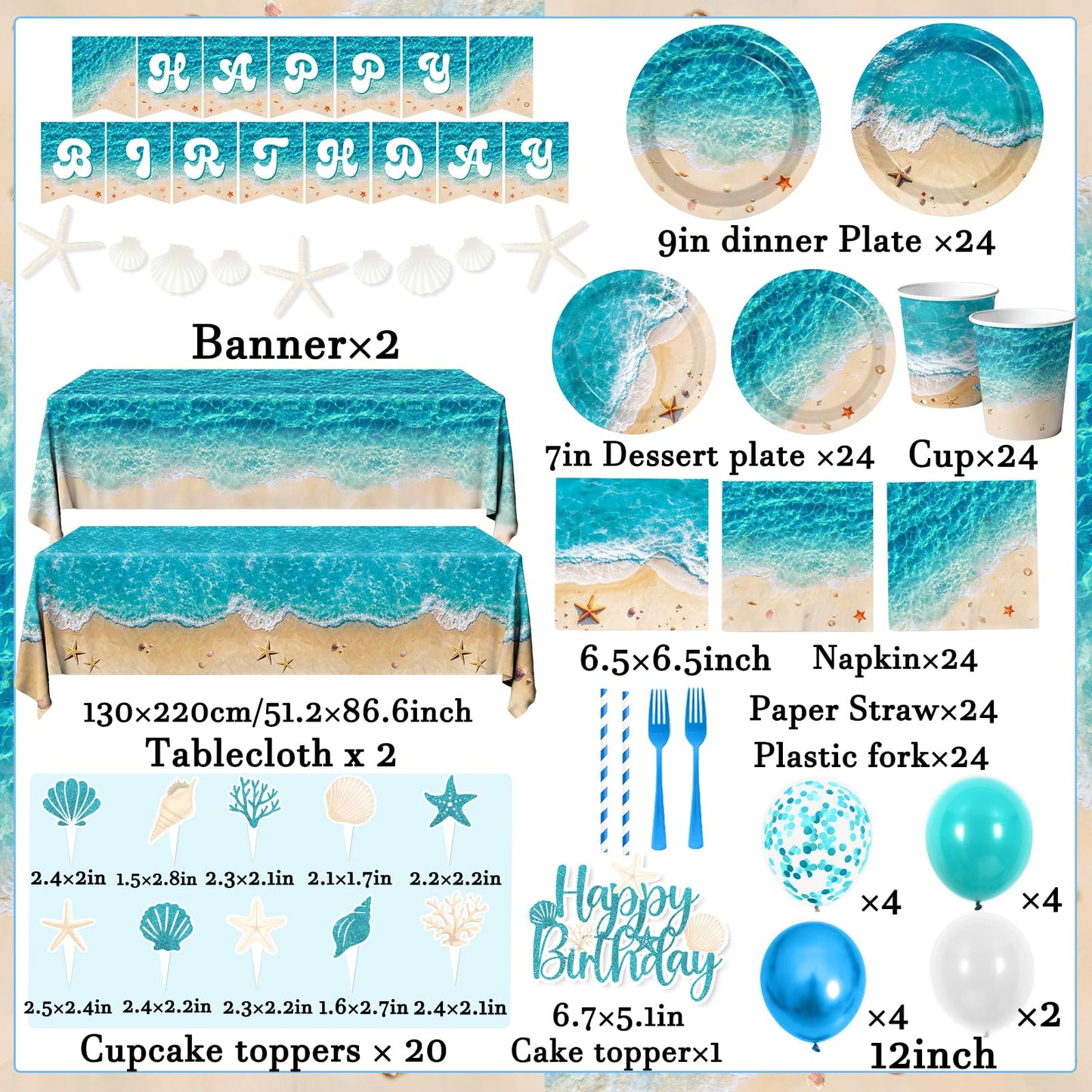 Beach Birthday Party Decorations, 183Pcs Ocean Waves Birthday Party Decorations Summer Pool Hawaiian Beach Party Supplies Plates,Napkins,Cups,Banner,Tablecloth,Balloons,Cupcake Topper,Serves 24