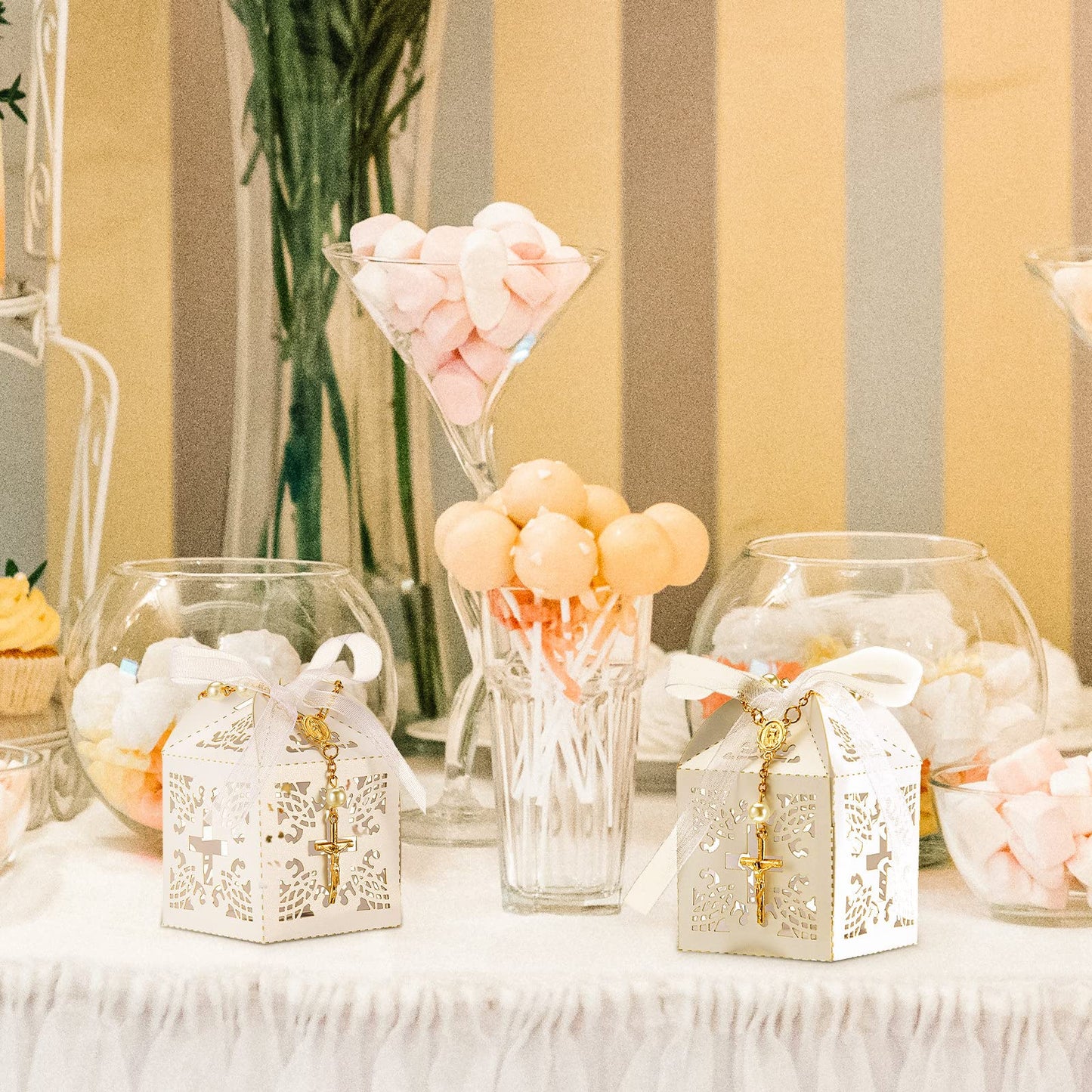 Bonuci 50 Packs Baptism Favors Set Acrylic Rosary Beads Faux Pearls with Organza Bags and Cross Baptism Favor Boxes Recuerdo De Boda Y Bautizo for Christening Weddings Party Favors(Gold,Pearl)
