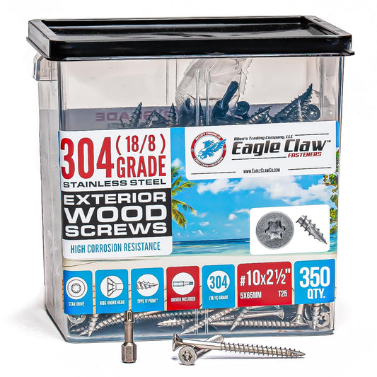 #10 X 2 1/2 Inch Stainless Steel Deck Screws 350 Pieces | T25 Star Torx Drive Flat Head | Stainless Steel Screws for Decks, Docks, Fencing or General Outdoor Construction and Home Improvement Projects