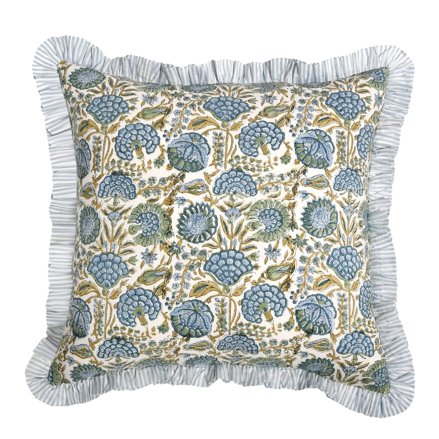 Ridhi Block Print Asparagus Green Throw Pillow Cover 20" x 20" (Pack of 2) Decorative Cushion Covers with Ruffle for Couch, Sofa, Bed, Living Room, Home Decor Gift for Spring, Easter, Valentine