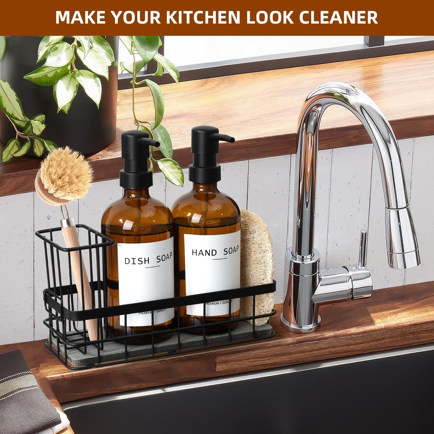 Dish Soap Dispenser for Kitchen, 16.9 fl oz Amber Hand and Dish Soap Dispensers, Kitchen Soap Dispenser Set with Sponge Holder, Brush Holder and Loofah Sponge, Countertop Sink Organizer Accessories