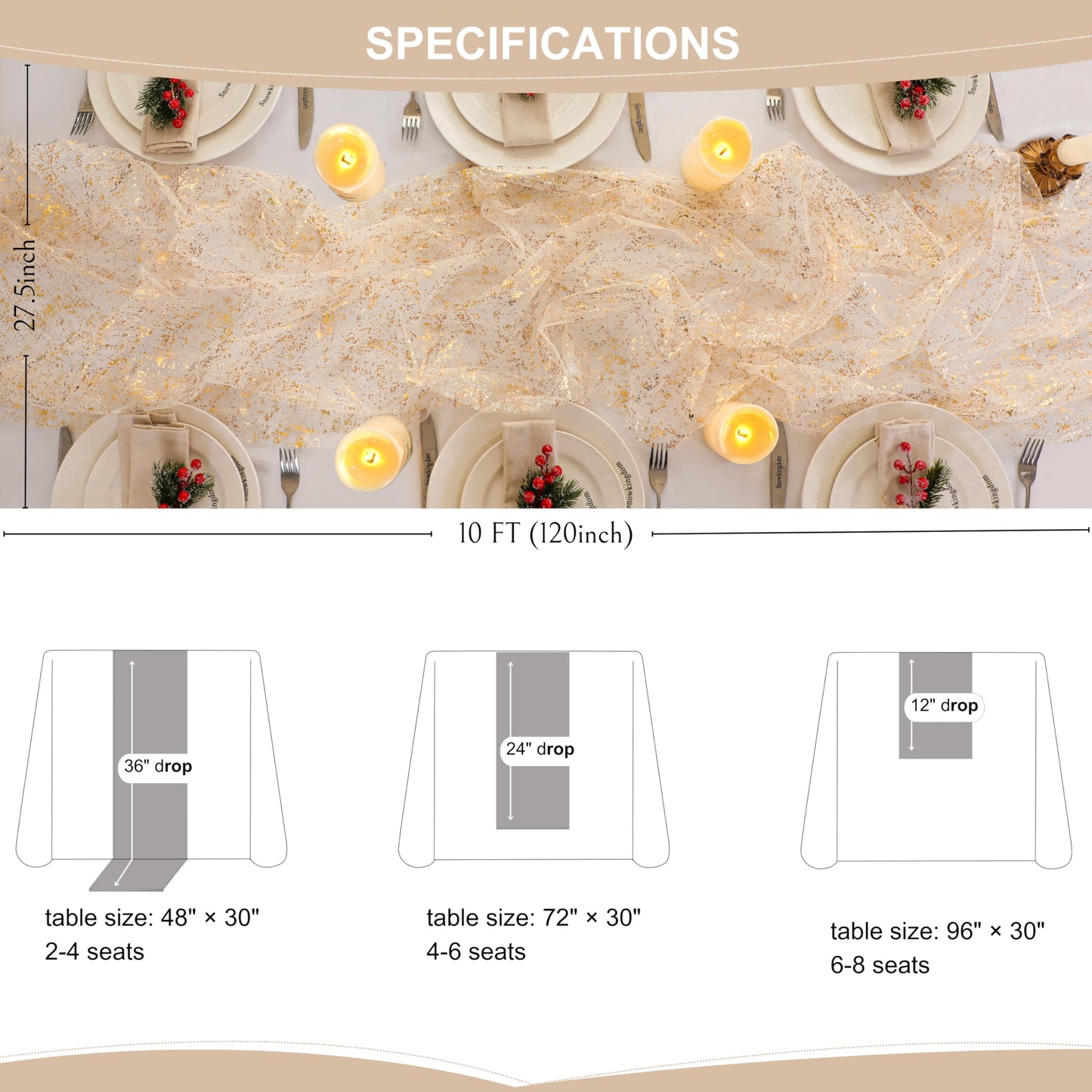 Snowkingdom 10 Pack 10ft Gold Table Runners, Sheer Chiffon Tulle Cheesecloth Sequin Glitter Metallic, Golden Centerpieces Table Decorations for Party Wedding Christmas Birthday Bridal Baby Shower