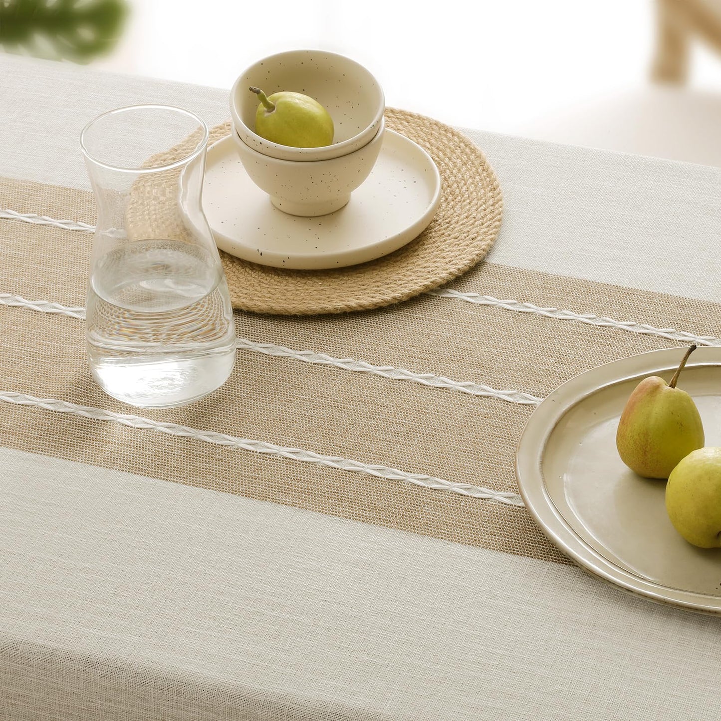 Softalker Outdoor Linen Tablecloth Rectangle, Waterproof Cotton Boho Farmhouse Table Cloths with Tassel, Heavy Weight Wrinkle Free Table Cover for Picnic Camping Dining - 55 x 70 Inch, Coffee Lines